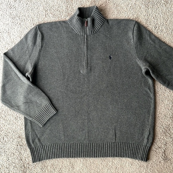Polo Ralph Lauren Grey Half Zip Cotton Sweater Navy Pony Logo - Picture 1 of 8